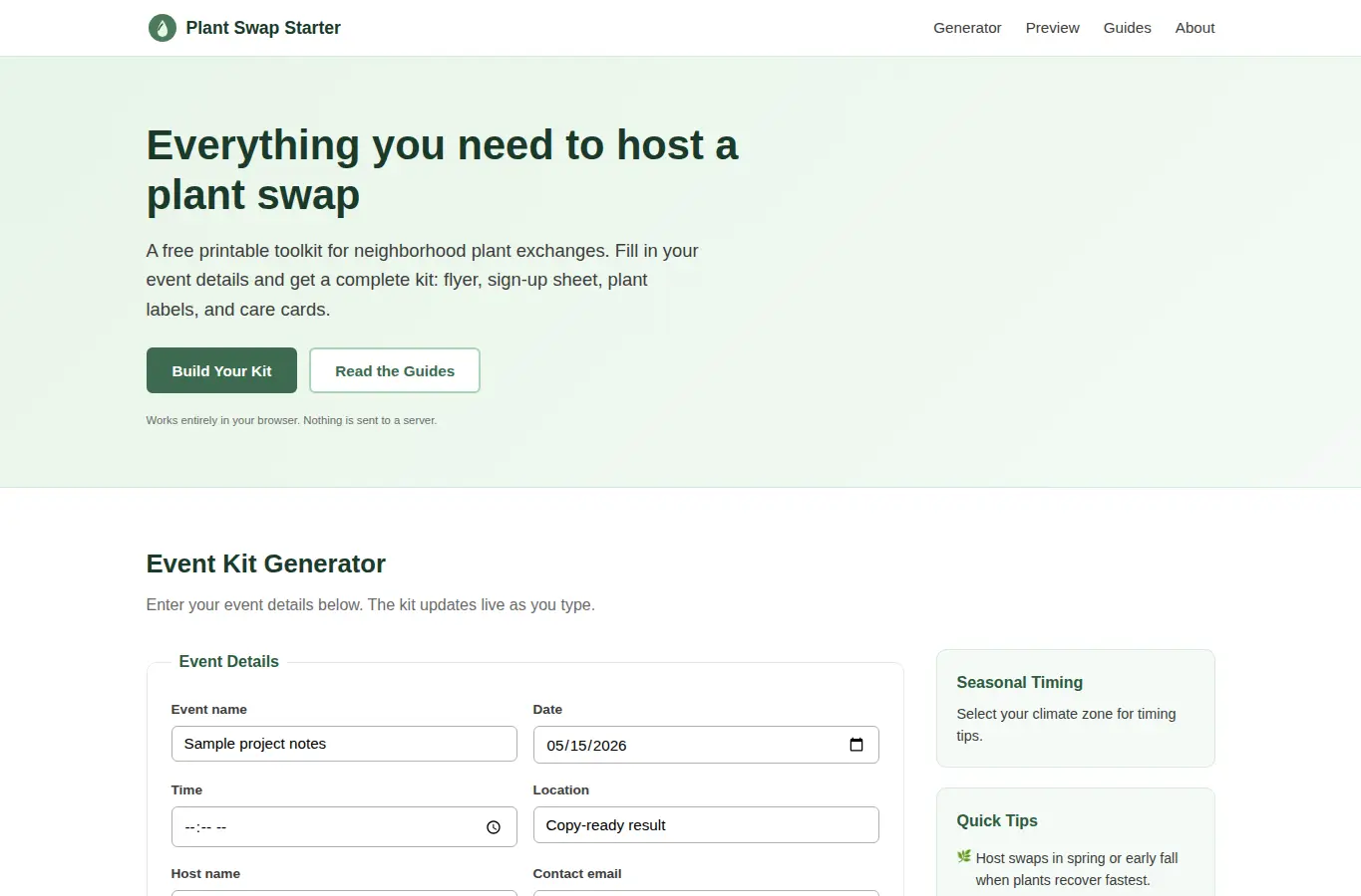 Screenshot of Plant Swap Network Starter interface showing the project page in use